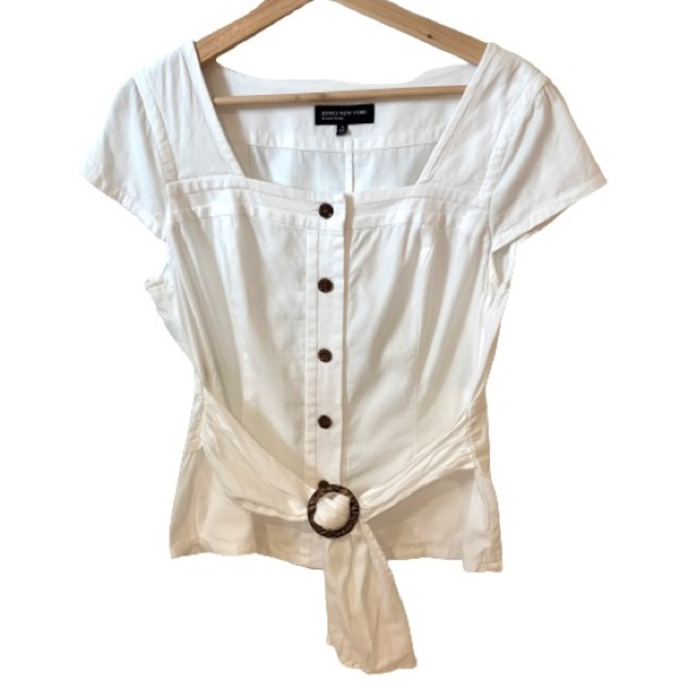 Jones New York White Button Down Short-Sleeve Blouse with Belt